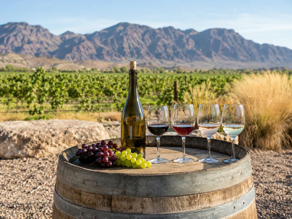 Wine tasting flight on a barrel