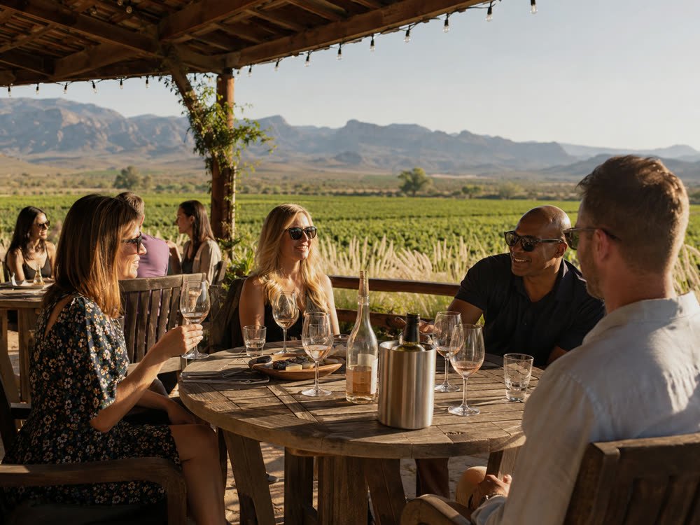 Wine flight with charcuterie overlooking the vineyard