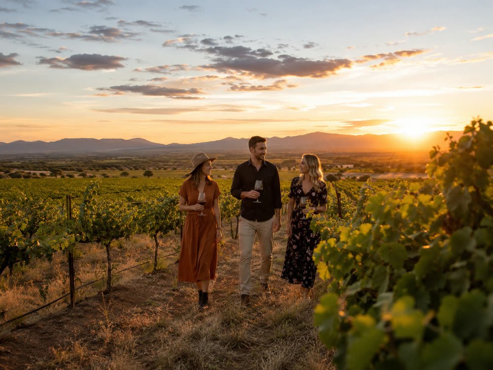 Guests walking through the vineyard at sunset